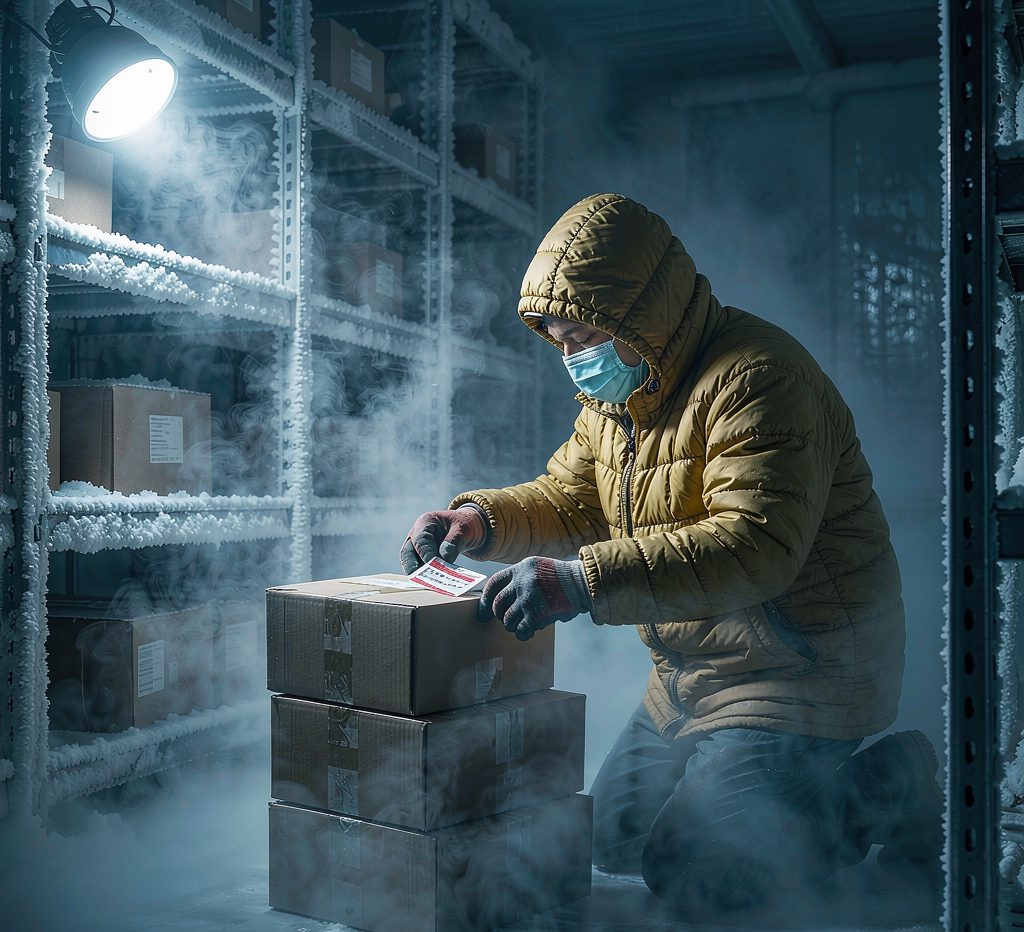 穿棉服的操作人员在冷库内给纸箱贴标签,货架结霜,空气中有冷雾